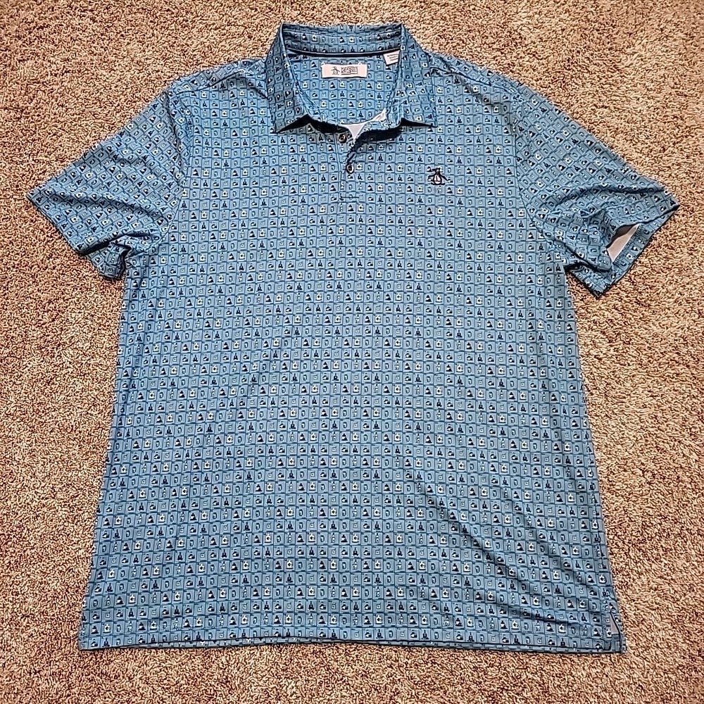 PENGUIN Men's Polo Shirt XL Munsingwear Perform Stretch Golf Blue Drink Pattern